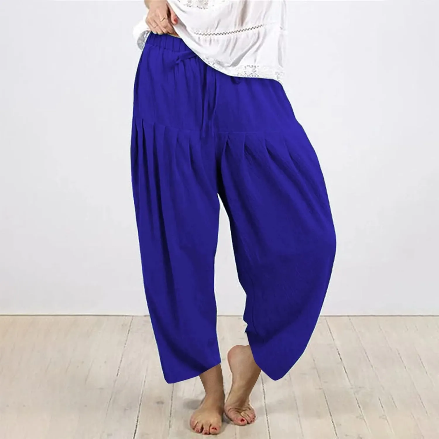 Womens Linen Wide Leg Pants Casual Loose Drawstring Low Waist Beach Baggy Travel Palazzo Harem Pants with Pockets