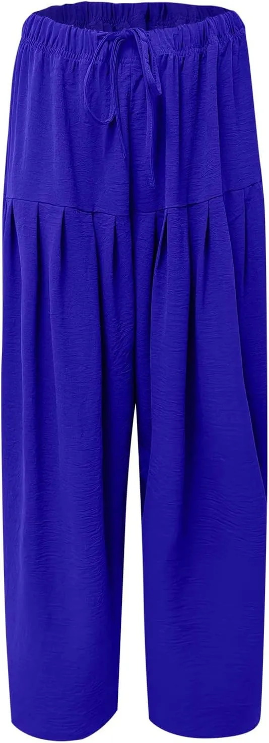 Womens Linen Wide Leg Pants Casual Loose Drawstring Low Waist Beach Baggy Travel Palazzo Harem Pants with Pockets