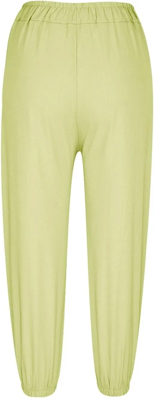 Womens Linen Wide Leg Pants Casual Summer Beach Vacation Harem Pants Drawstring Waist Button Loose Pant with Pockets