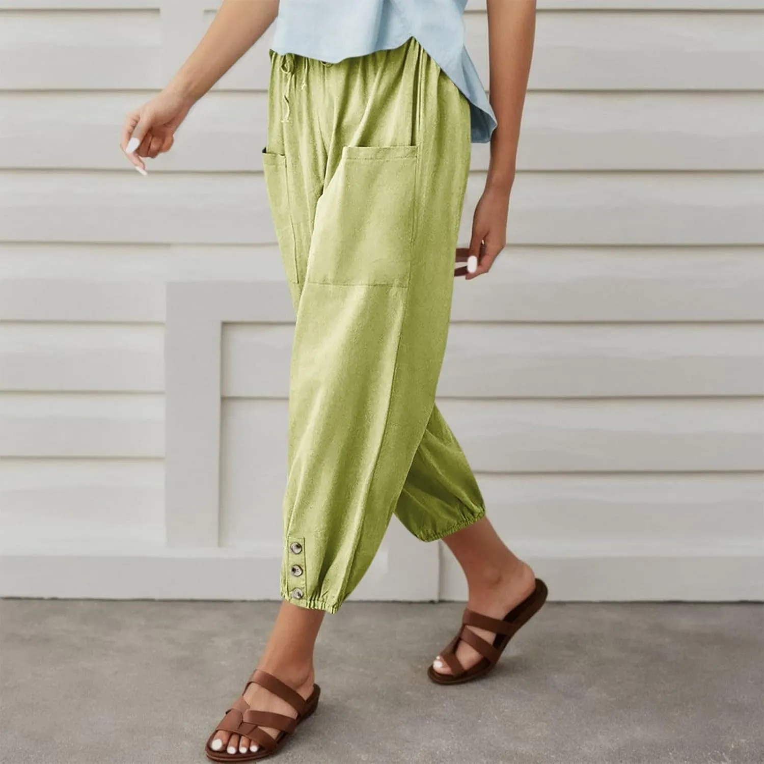 Womens Linen Wide Leg Pants Casual Summer Beach Vacation Harem Pants Drawstring Waist Button Loose Pant with Pockets