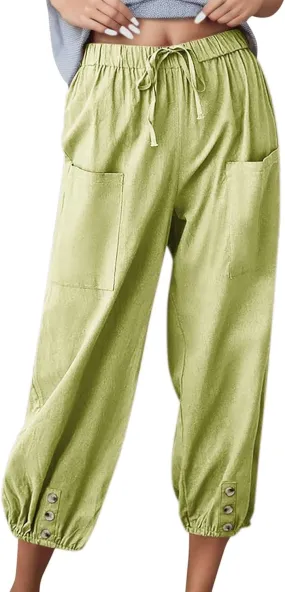 Womens Linen Wide Leg Pants Casual Summer Beach Vacation Harem Pants Drawstring Waist Button Loose Pant with Pockets