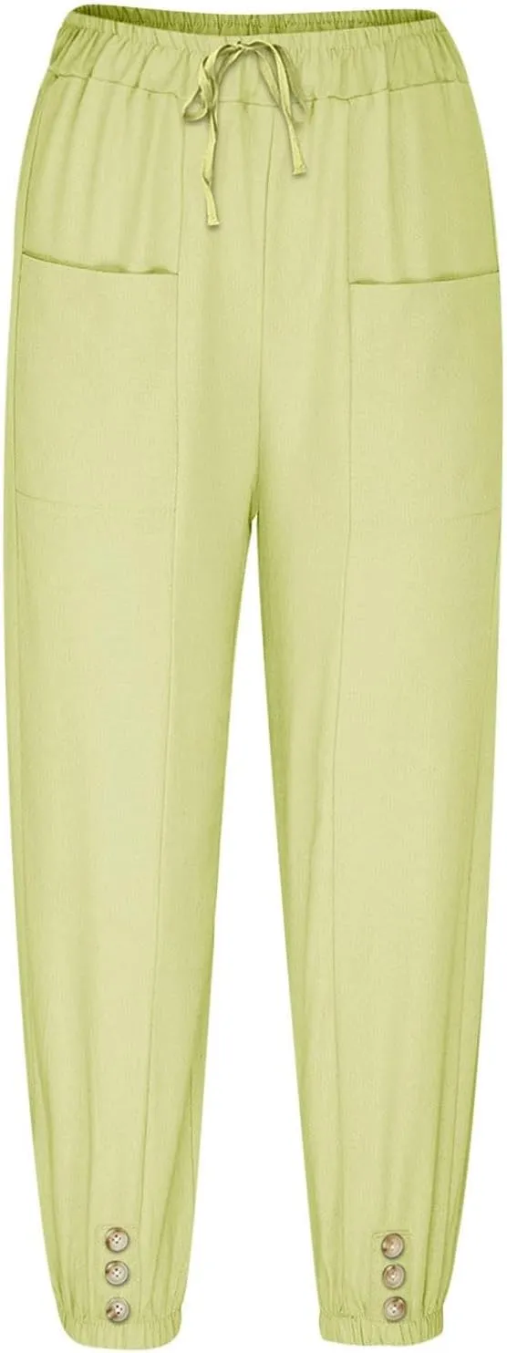 Womens Linen Wide Leg Pants Casual Summer Beach Vacation Harem Pants Drawstring Waist Button Loose Pant with Pockets
