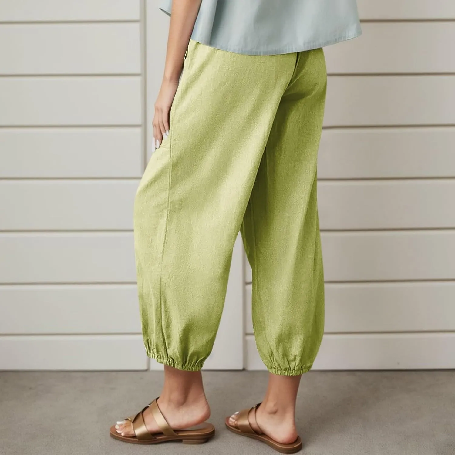 Womens Linen Wide Leg Pants Casual Summer Beach Vacation Harem Pants Drawstring Waist Button Loose Pant with Pockets