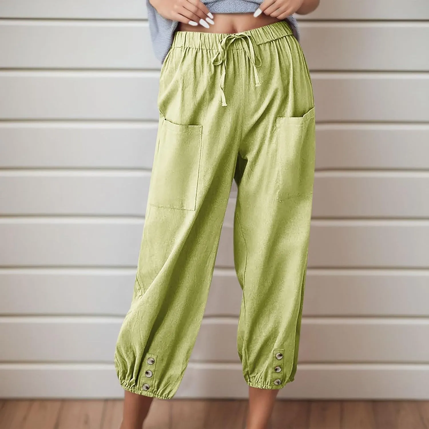 Womens Linen Wide Leg Pants Casual Summer Beach Vacation Harem Pants Drawstring Waist Button Loose Pant with Pockets