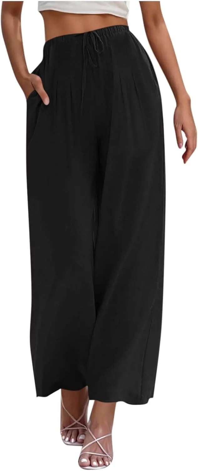 Womens Linen Wide Leg Pants Elastic High Waist Casual Pant Drawstring Loose Flowy Palazzo Trousers with Pockets