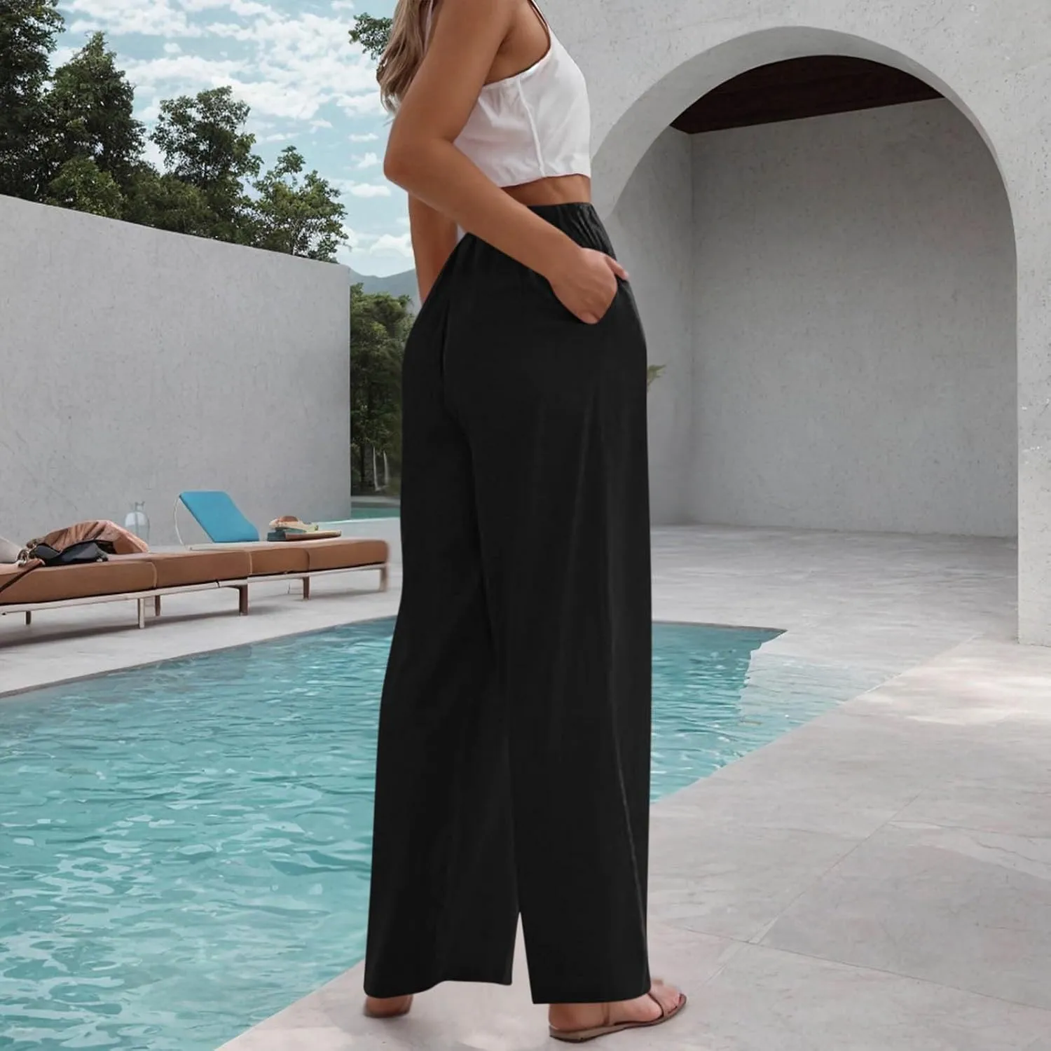 Womens Linen Wide Leg Pants Elastic High Waist Casual Pant Drawstring Loose Flowy Palazzo Trousers with Pockets