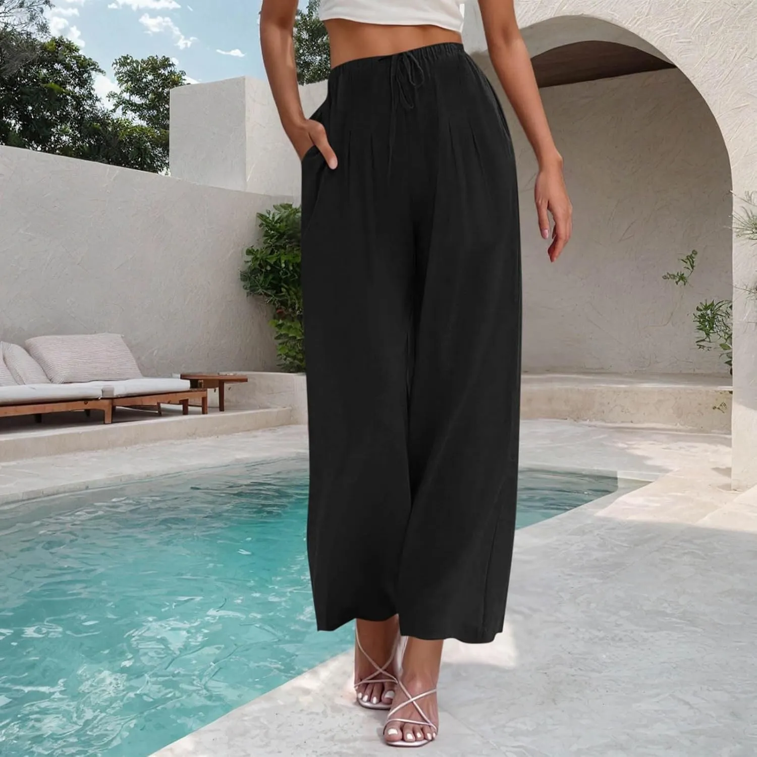 Womens Linen Wide Leg Pants Elastic High Waist Casual Pant Drawstring Loose Flowy Palazzo Trousers with Pockets