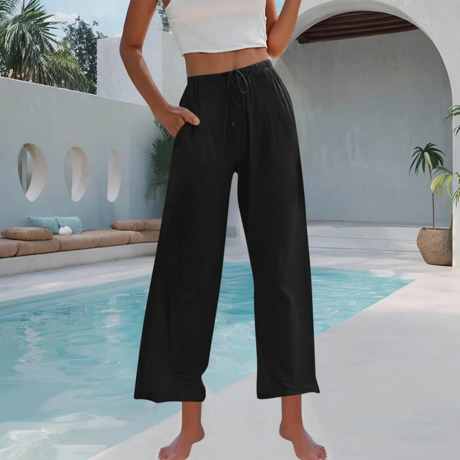 Womens Linen Wide Leg Pants Elastic High Waist Casual Pant Drawstring Loose Flowy Palazzo Trousers with Pockets