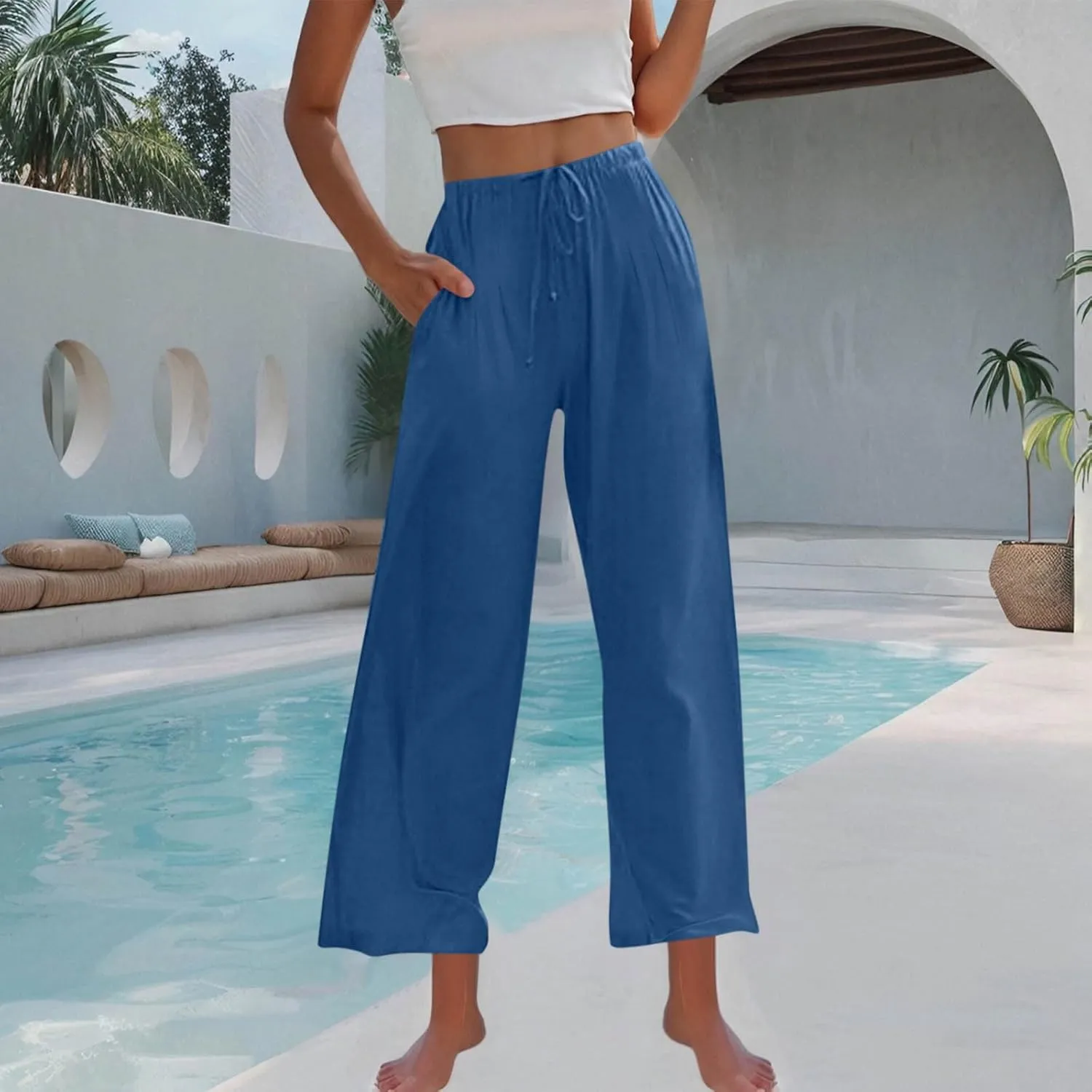 Womens Linen Wide Leg Pants Elastic High Waist Casual Pant Drawstring Loose Flowy Palazzo Trousers with Pockets