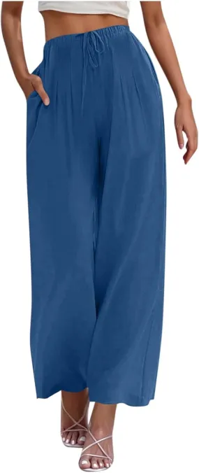 Womens Linen Wide Leg Pants Elastic High Waist Casual Pant Drawstring Loose Flowy Palazzo Trousers with Pockets
