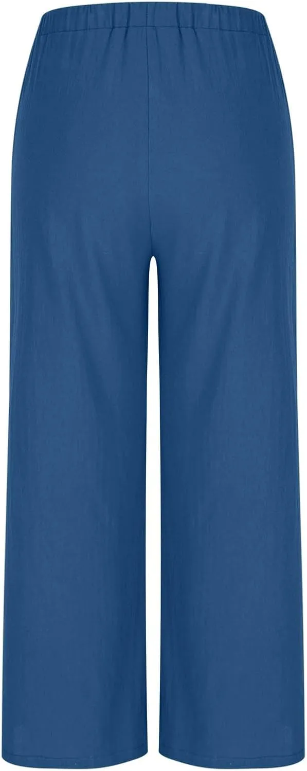 Womens Linen Wide Leg Pants Elastic High Waist Casual Pant Drawstring Loose Flowy Palazzo Trousers with Pockets