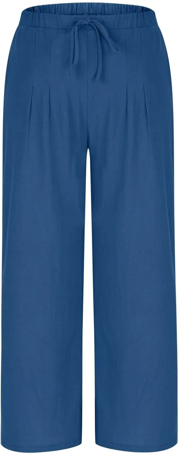 Womens Linen Wide Leg Pants Elastic High Waist Casual Pant Drawstring Loose Flowy Palazzo Trousers with Pockets
