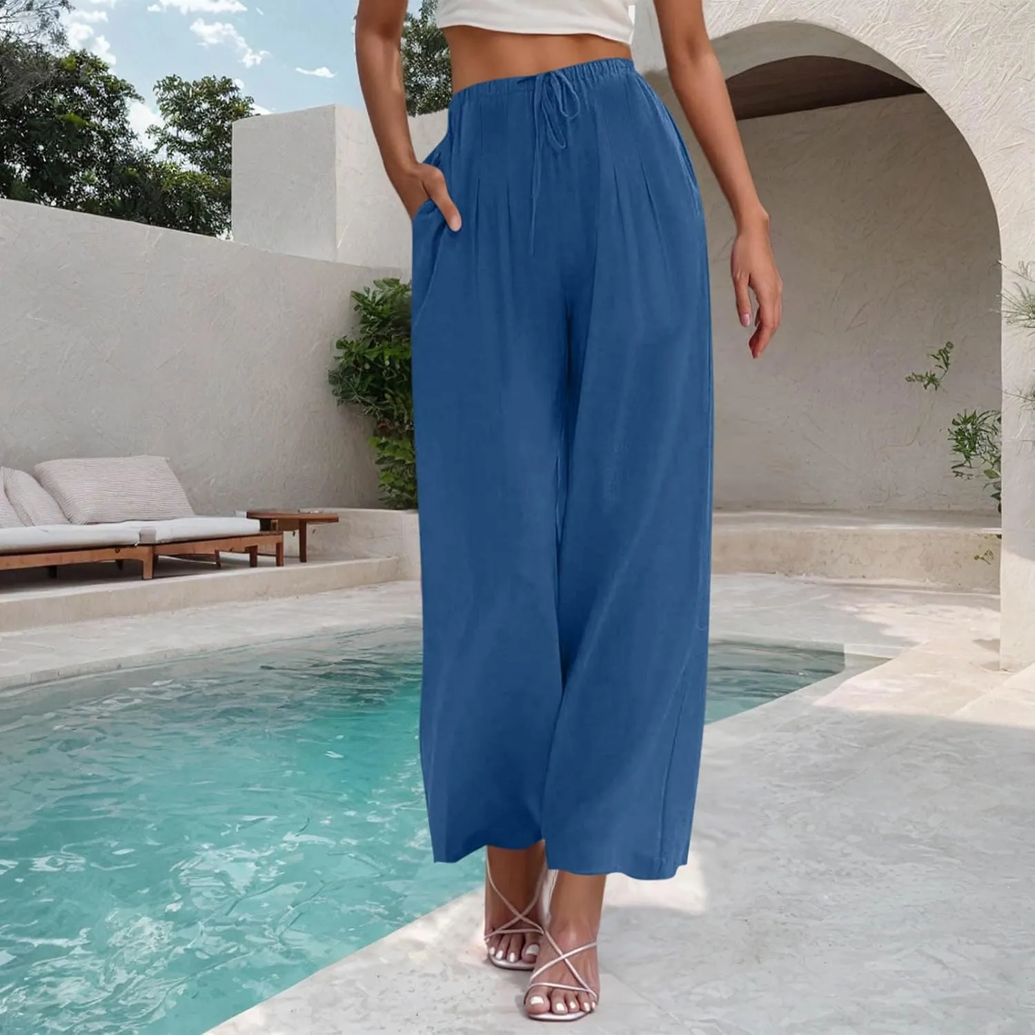 Womens Linen Wide Leg Pants Elastic High Waist Casual Pant Drawstring Loose Flowy Palazzo Trousers with Pockets
