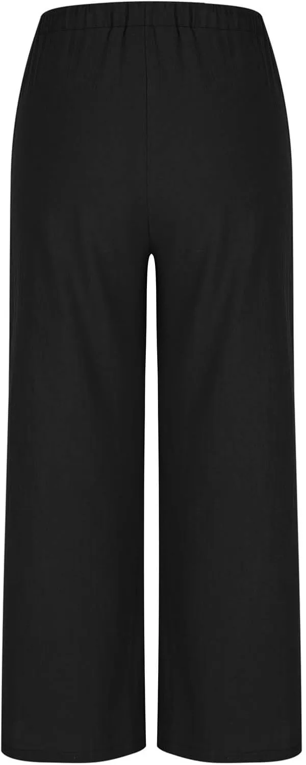 Womens Linen Wide Leg Pants Elastic High Waist Casual Pant Drawstring Loose Flowy Palazzo Trousers with Pockets