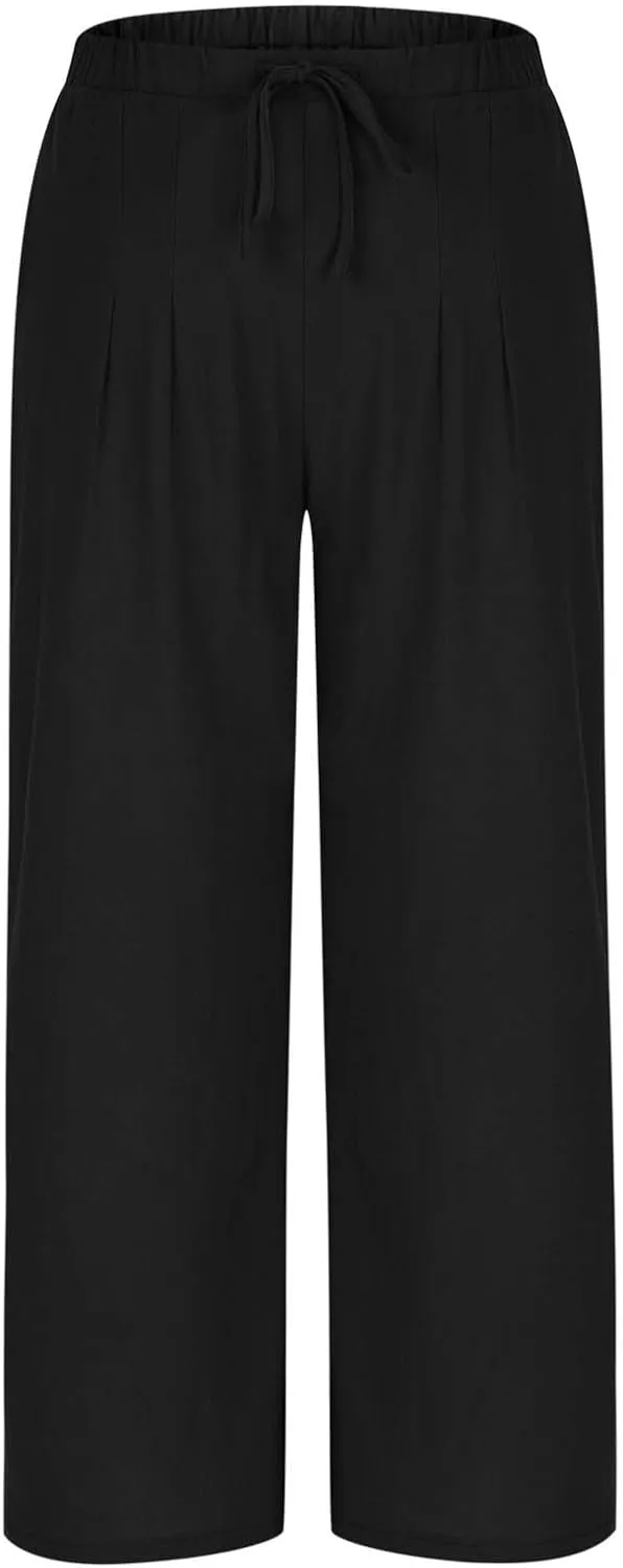 Womens Linen Wide Leg Pants Elastic High Waist Casual Pant Drawstring Loose Flowy Palazzo Trousers with Pockets