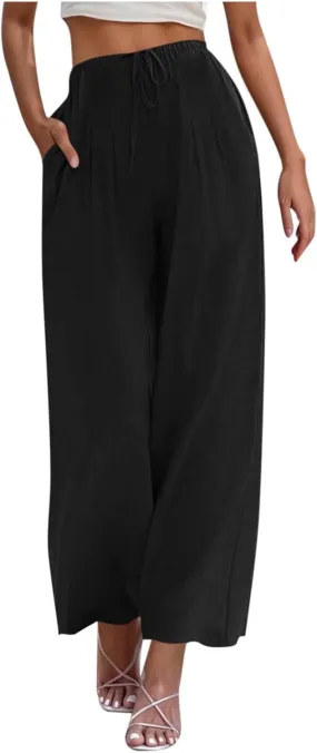 Womens Linen Wide Leg Pants Elastic High Waist Casual Pant Drawstring Loose Flowy Palazzo Trousers with Pockets