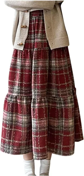Women's Long Plaid Wool Skirt Fall Winter Midi Length Pleated Tiered Skirts Elastic High Waist A-line Tartan Skirts