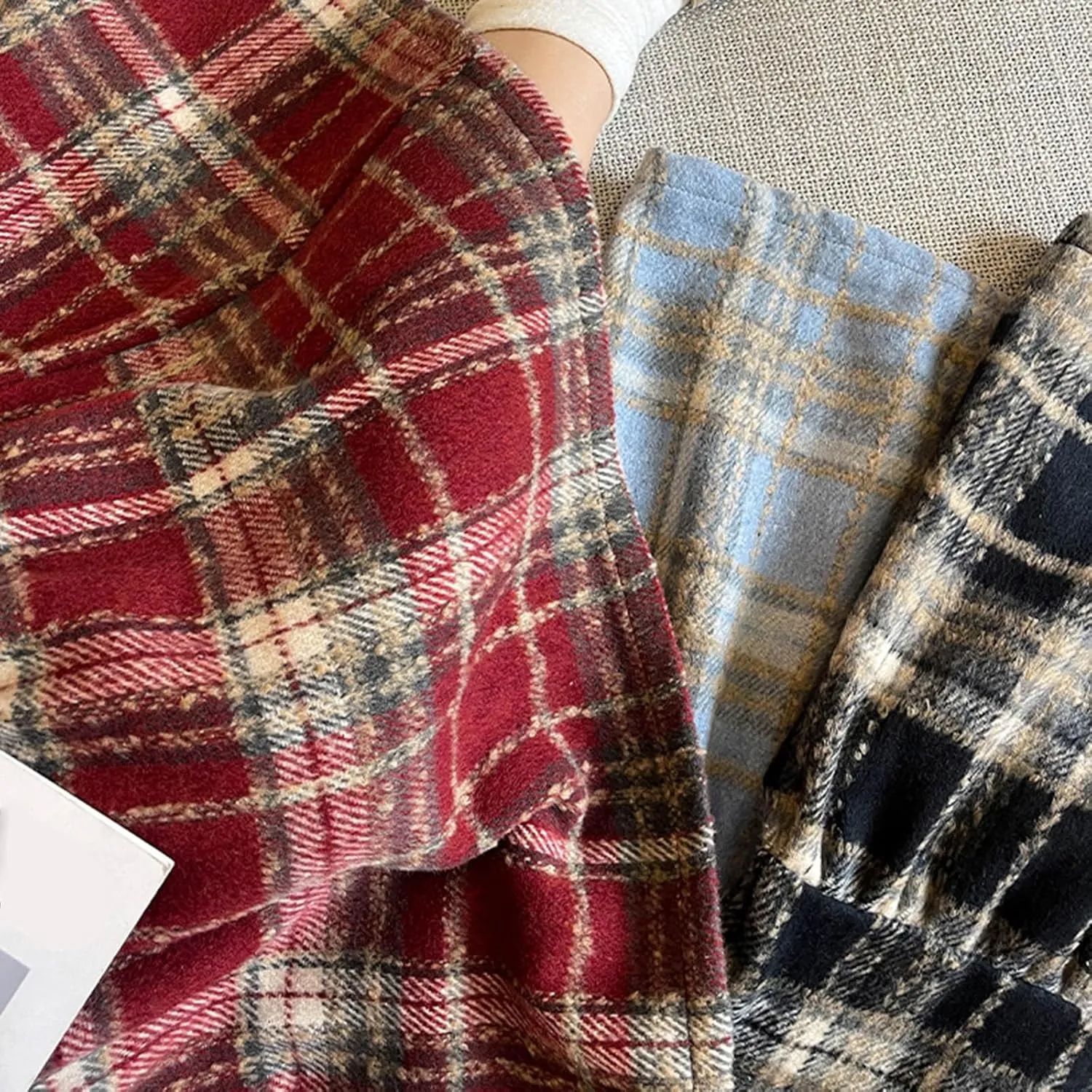 Women's Long Plaid Wool Skirt Fall Winter Midi Length Pleated Tiered Skirts Elastic High Waist A-line Tartan Skirts