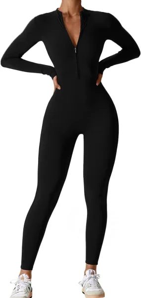 Womens Long Sleeve Workout Jumpsuit Zip Up Yoga Rompers Sexy Tummy Control One Piece Bodycon Bottom Pants