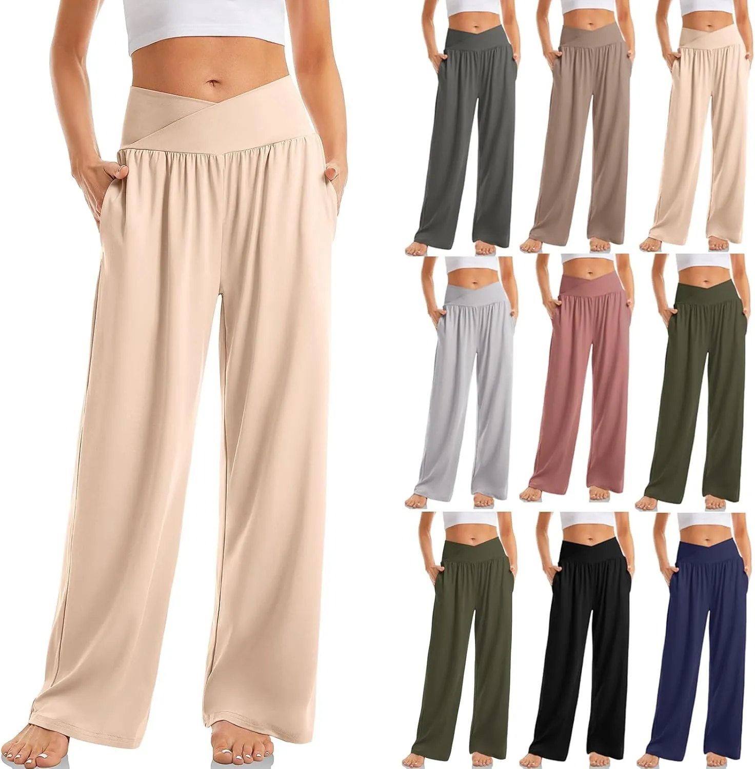 Womens Lounge Pants with Pockets Soft Wide Leg Yoga Pants Crossover High Waisted Sweatpants Casual Loose Flowy Pants