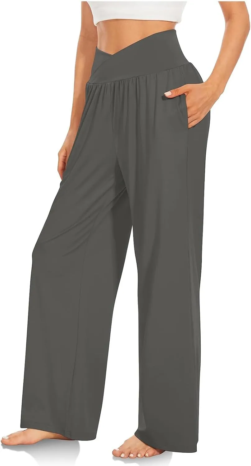 Womens Lounge Pants with Pockets Soft Wide Leg Yoga Pants Crossover High Waisted Sweatpants Casual Loose Flowy Pants