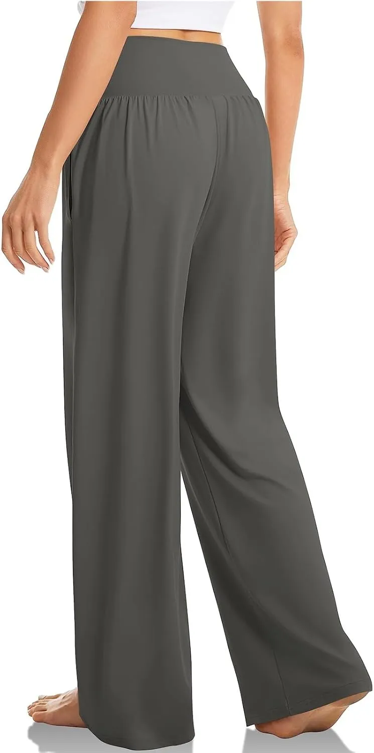 Womens Lounge Pants with Pockets Soft Wide Leg Yoga Pants Crossover High Waisted Sweatpants Casual Loose Flowy Pants