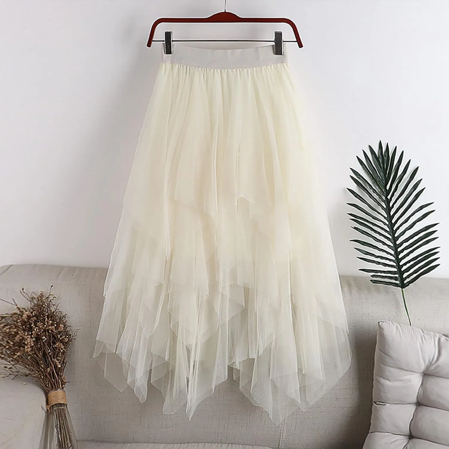 Women's Mesh Irregular Stitching Cake Fairy Skirt A-line Pleated Skirt Elastic Waist Tulle Tutu Midi Skirt