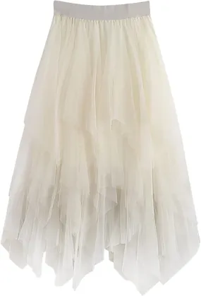 Women's Mesh Irregular Stitching Cake Fairy Skirt A-line Pleated Skirt Elastic Waist Tulle Tutu Midi Skirt