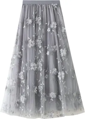 Women's Midi Length Skirt Layered Tulle A Line Skirts Embroidery/Floral Print Elastic Waist