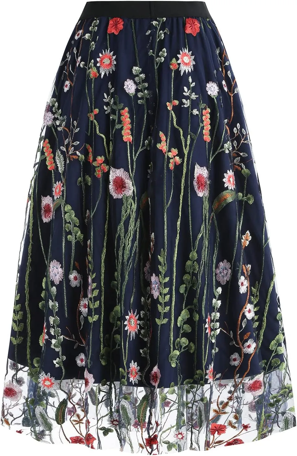 Women's Midi Length Skirt Layered Tulle A Line Skirts Embroidery/Floral Print Elastic Waist