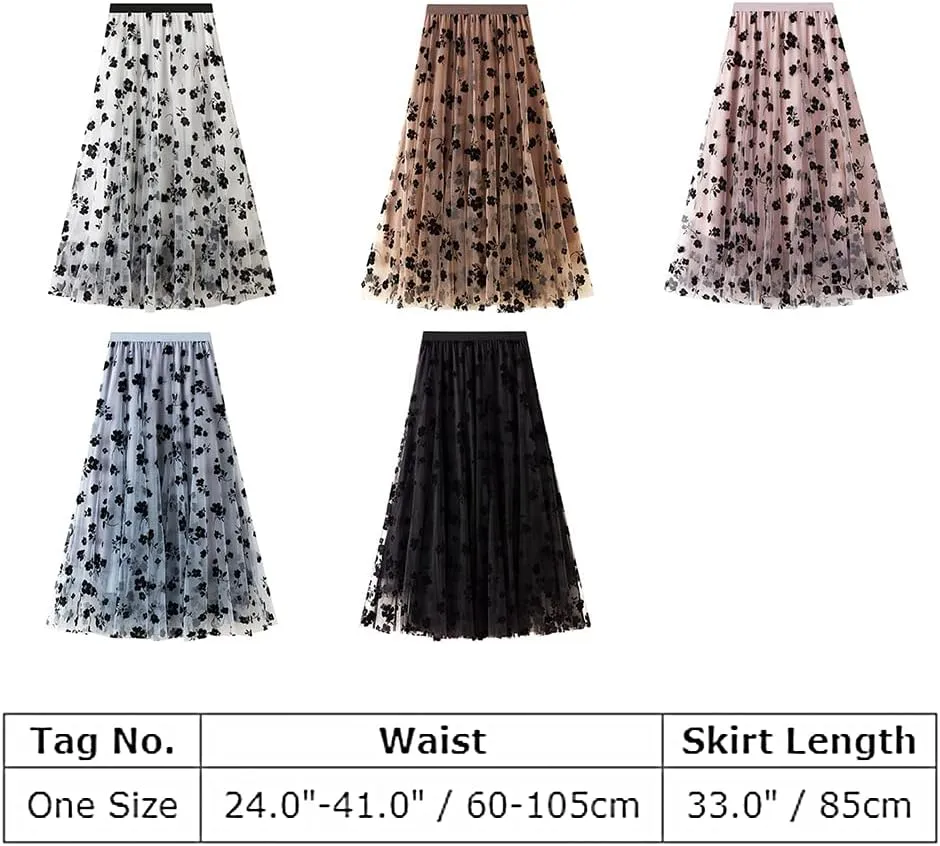Women's Midi Length Skirt Layered Tulle A Line Skirts Embroidery/Floral Print Elastic Waist