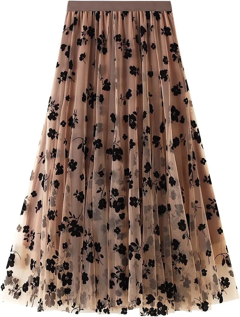 Women's Midi Length Skirt Layered Tulle A Line Skirts Embroidery/Floral Print Elastic Waist