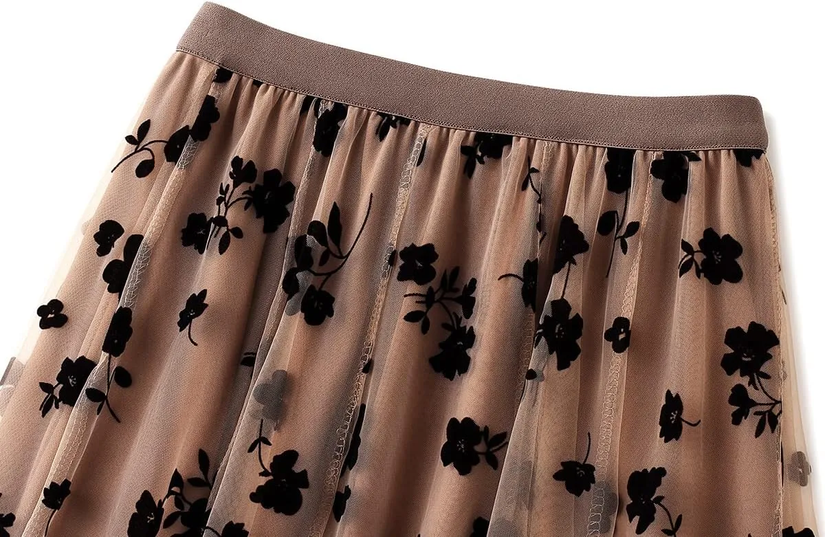 Women's Midi Length Skirt Layered Tulle A Line Skirts Embroidery/Floral Print Elastic Waist