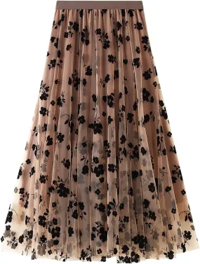 Women's Midi Length Skirt Layered Tulle A Line Skirts Embroidery/Floral Print Elastic Waist