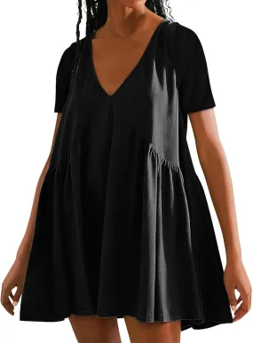 Womens Mini Dress 2025 Casual Short Sleeve V Neck Swing Sundress Trendy Loose Sleeveless Dresses Loose Fit Beach Dress