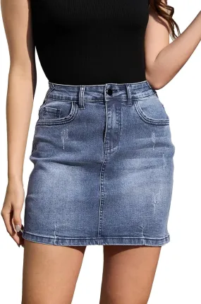 Womens Mini Jean Skirt Stretchy High Waist Denim Bodycon Short Skirts for Women with Pockets