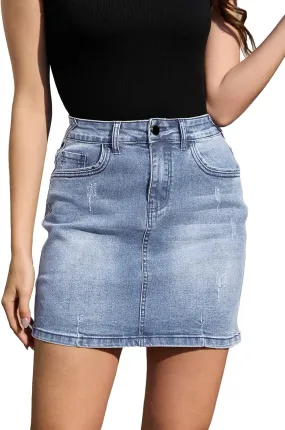 Womens Mini Jean Skirt Stretchy High Waist Denim Bodycon Short Skirts for Women with Pockets