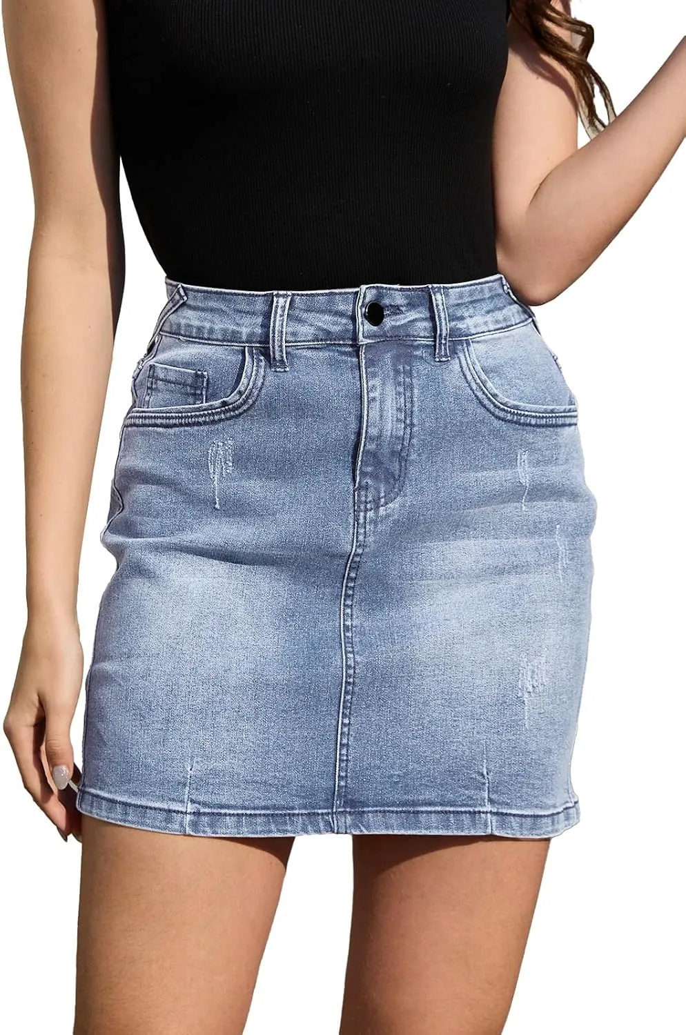Womens Mini Jean Skirt Stretchy High Waist Denim Bodycon Short Skirts for Women with Pockets