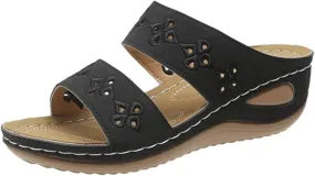 Women's Open Toe Embroidered Crisscross Strap Vamp Comfortable Slide Sandals with Arch Support Orthopedic Slip On Summer Casual Wedge Slippers Flower Hollow Platform Beach Flip Flops