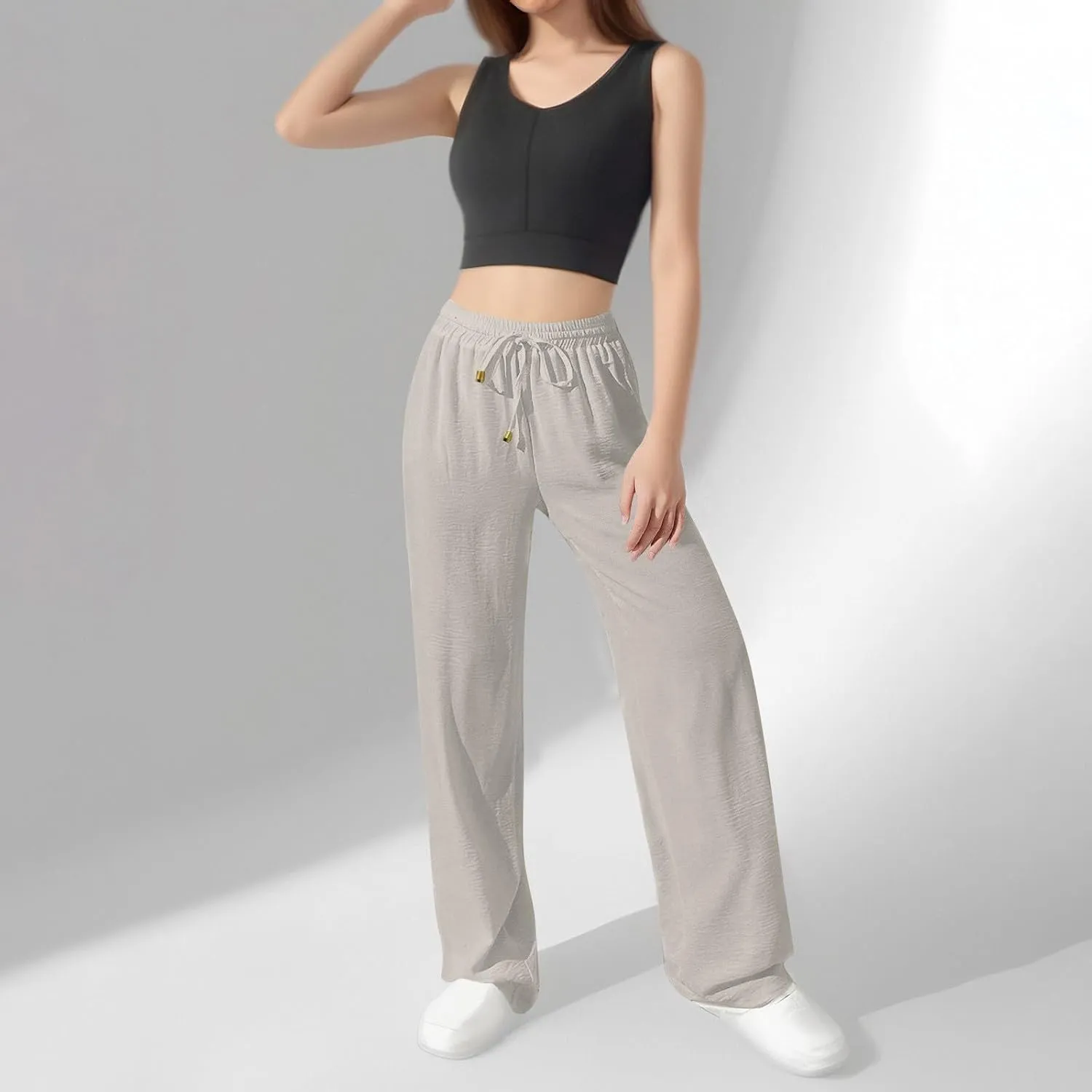 Womens Palazzo Pants Baggy Linen Pants Drawstring High Waisted Summer Work Wide Leg Pant Casual Trouser with Pockets