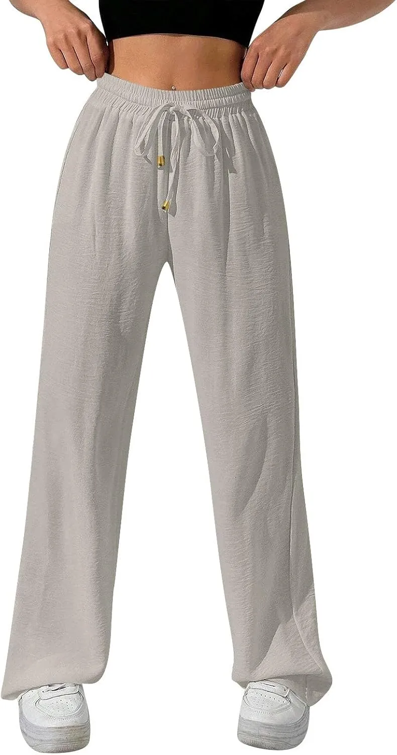 Womens Palazzo Pants Baggy Linen Pants Drawstring High Waisted Summer Work Wide Leg Pant Casual Trouser with Pockets