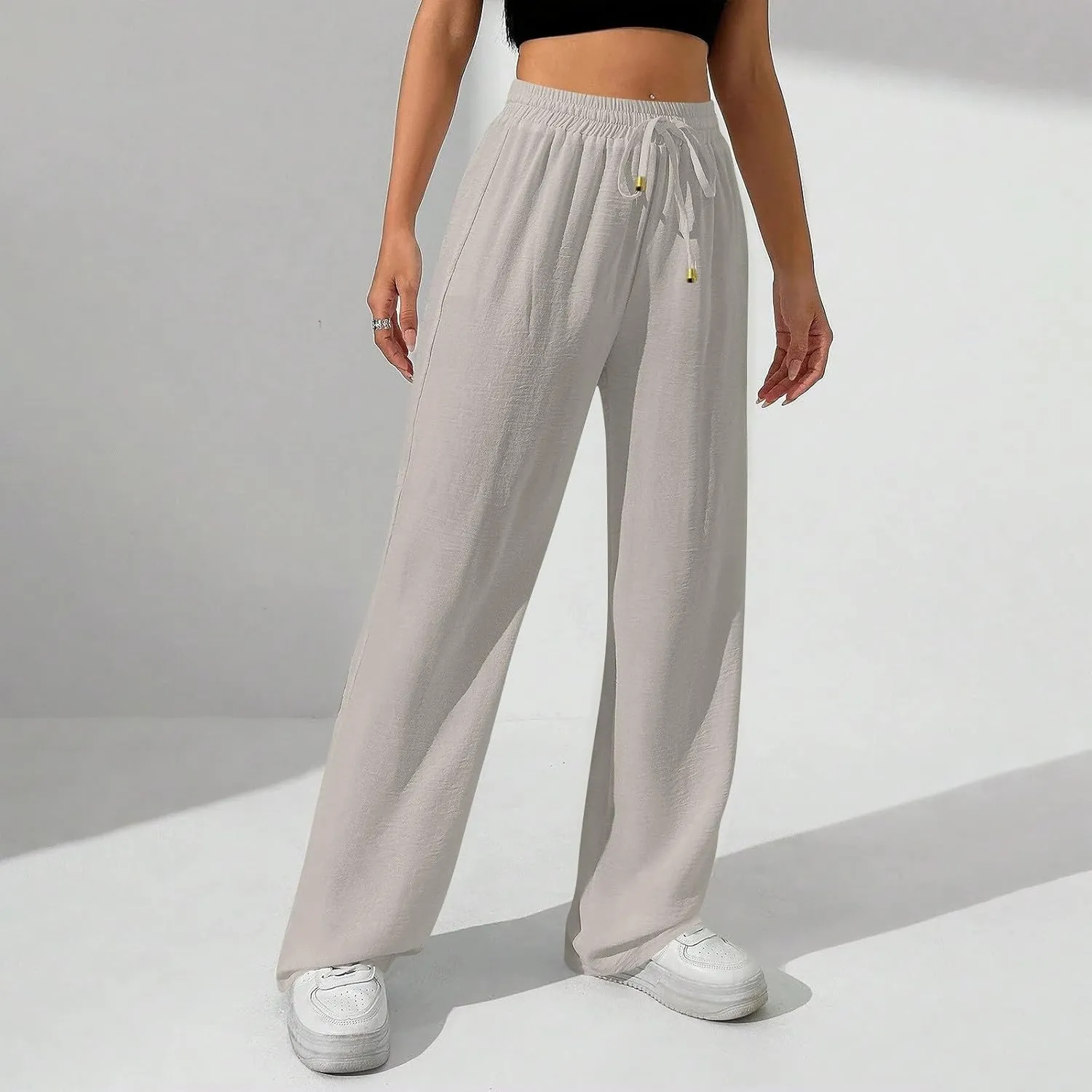 Womens Palazzo Pants Baggy Linen Pants Drawstring High Waisted Summer Work Wide Leg Pant Casual Trouser with Pockets