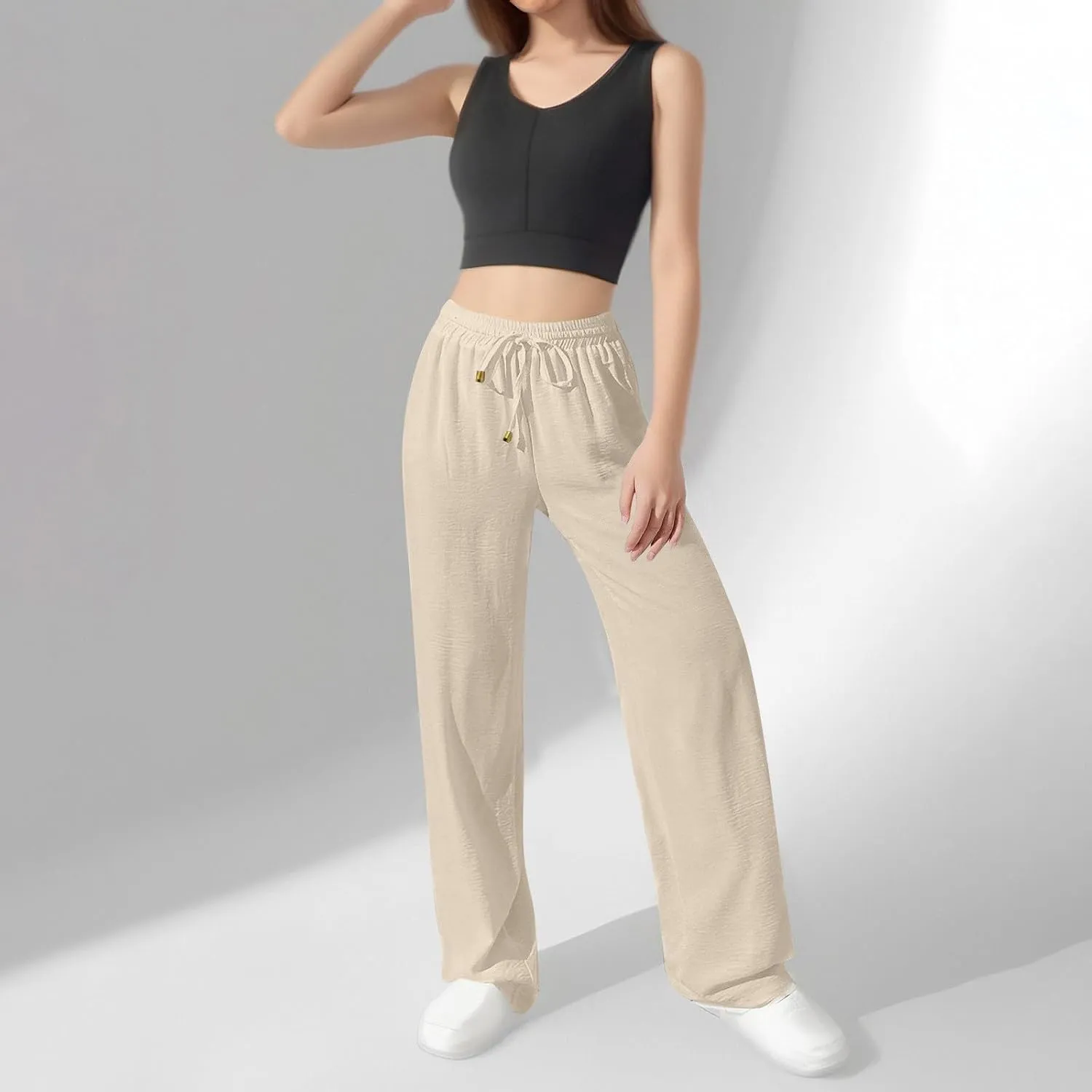 Womens Palazzo Pants Baggy Linen Pants Drawstring High Waisted Summer Work Wide Leg Pant Casual Trouser with Pockets