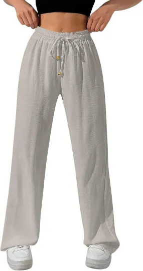 Womens Palazzo Pants Baggy Linen Pants Drawstring High Waisted Summer Work Wide Leg Pant Casual Trouser with Pockets