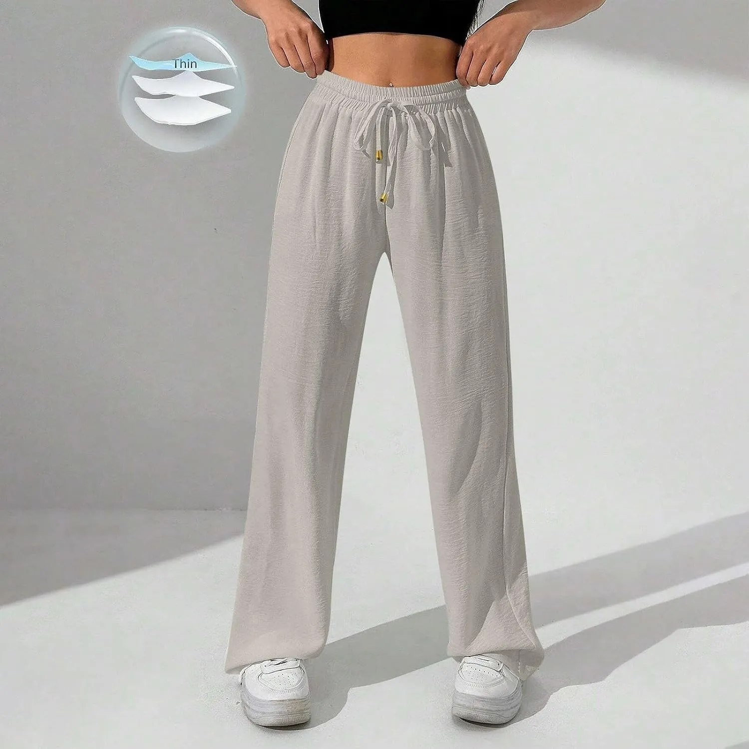 Womens Palazzo Pants Baggy Linen Pants Drawstring High Waisted Summer Work Wide Leg Pant Casual Trouser with Pockets