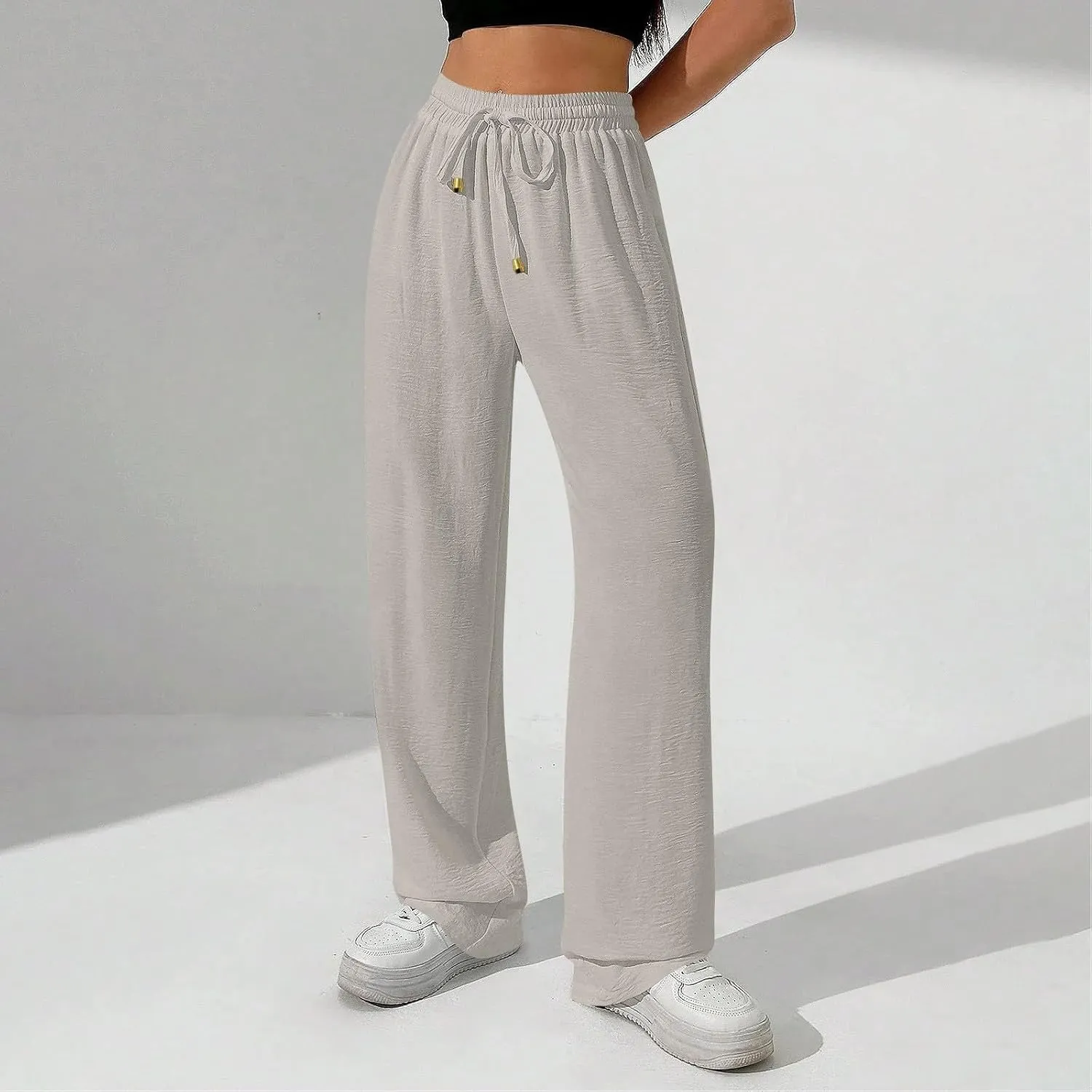 Womens Palazzo Pants Baggy Linen Pants Drawstring High Waisted Summer Work Wide Leg Pant Casual Trouser with Pockets