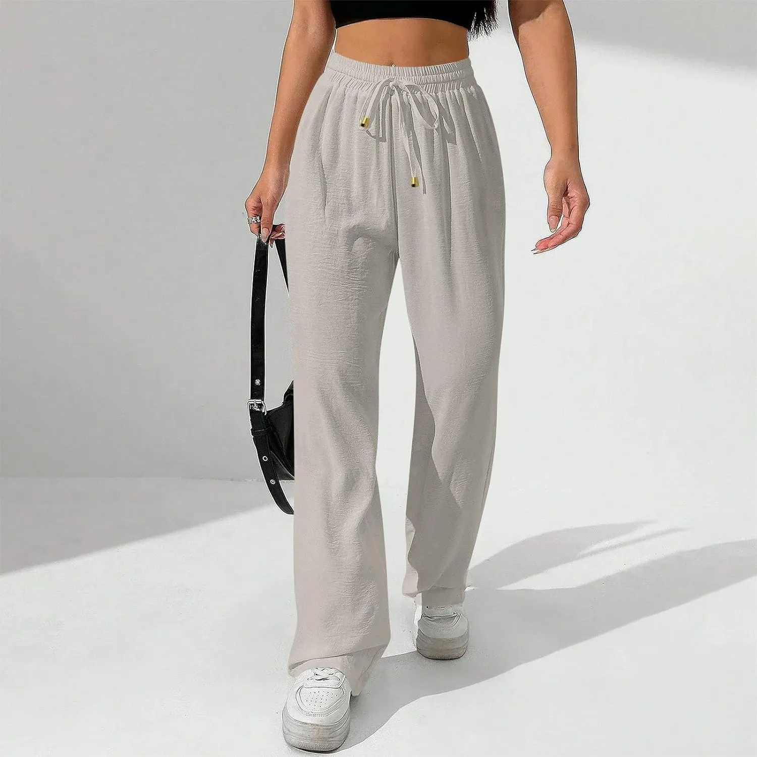 Womens Palazzo Pants Baggy Linen Pants Drawstring High Waisted Summer Work Wide Leg Pant Casual Trouser with Pockets