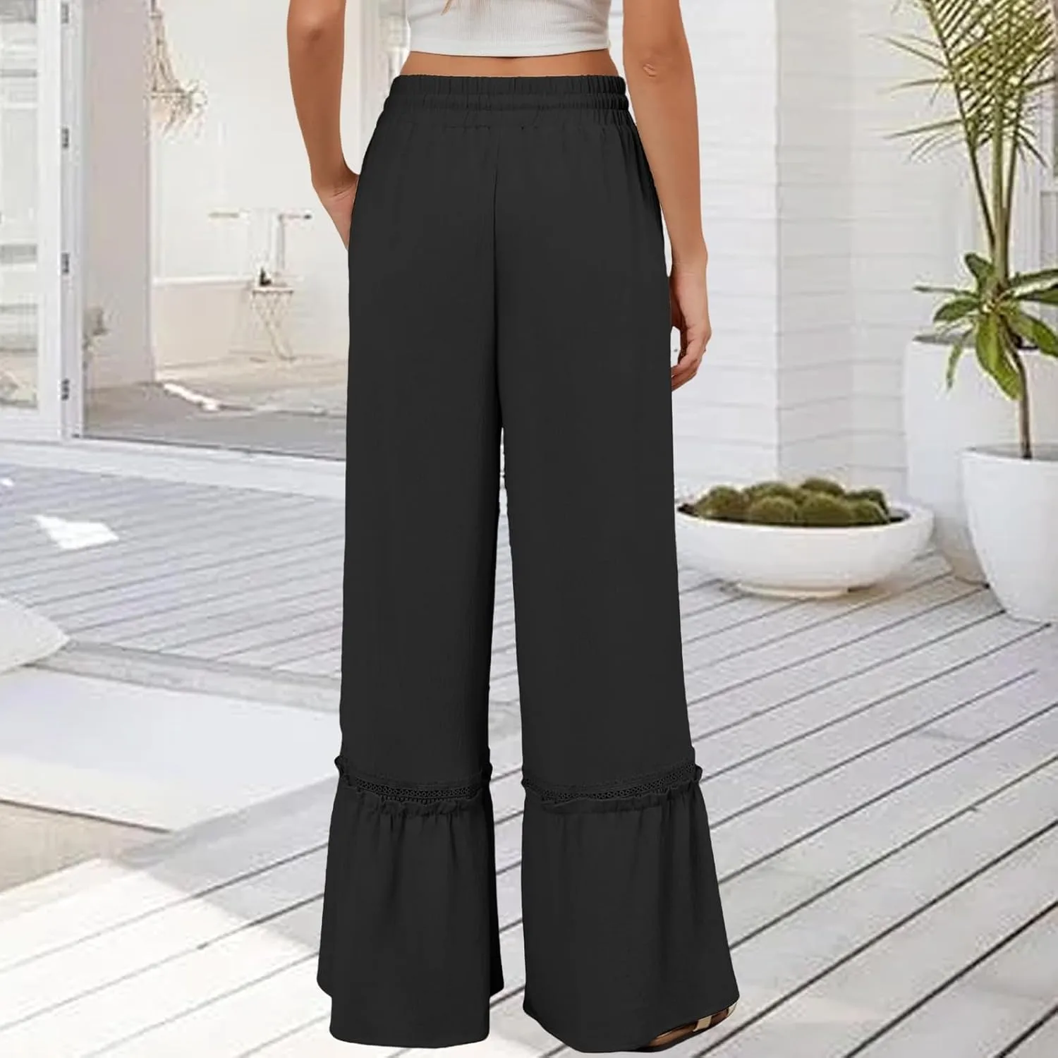 Womens Pants Loose Fit Trousers High Waist Pant Tiered Ruffle Flowy Swing Pants Summer Beach Trousers 2025