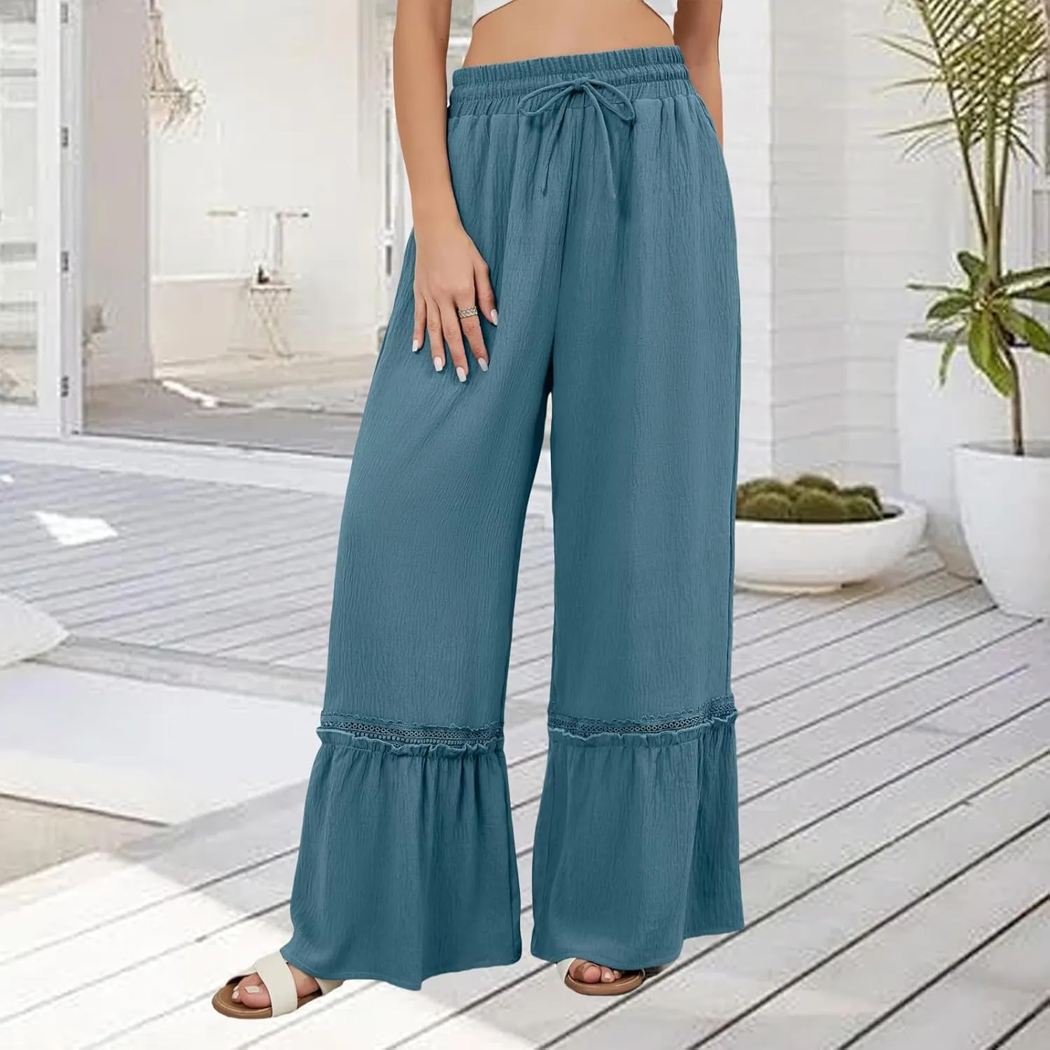 Womens Pants Loose Fit Trousers High Waist Pant Tiered Ruffle Flowy Swing Pants Summer Beach Trousers 2025