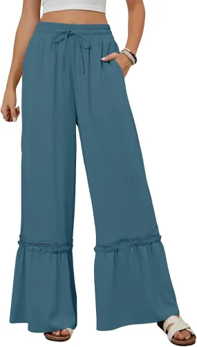 Womens Pants Loose Fit Trousers High Waist Pant Tiered Ruffle Flowy Swing Pants Summer Beach Trousers 2025